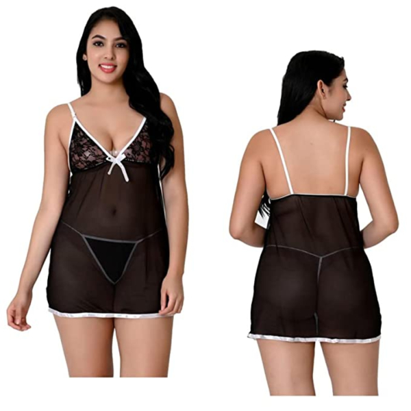 Fancyra Babydoll Nightwear Above Knee Net Lace Transparent Lingerie Free Size - Image 3