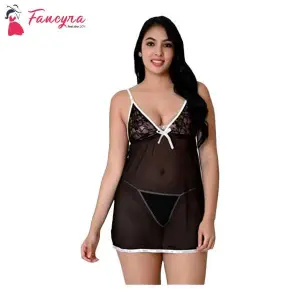 Fancyra Babydoll Nightwear Above Knee Net Lace Transparent Lingerie Free Size
