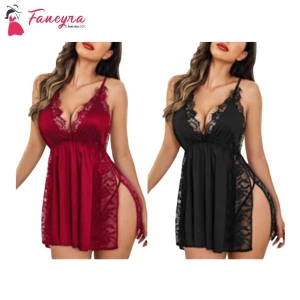 Fancyra Babydoll Nightwear Combo Lingerie Satin Lace Chemise Nightgown Side Slit Sleepwear For Women