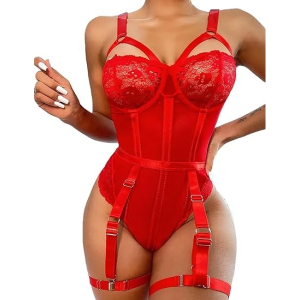 Fancyra Babydoll Nightwear Dress Laced Garter Teddy Bodysuit Lingerie For Women - Image 2