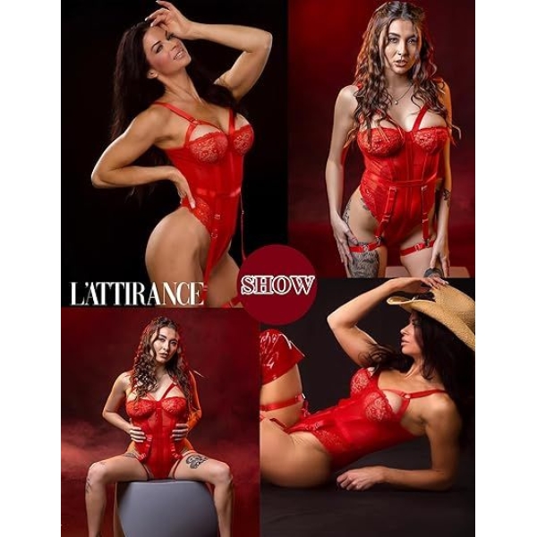 Fancyra Babydoll Nightwear Dress Laced Garter Teddy Bodysuit Lingerie For Women - Image 4