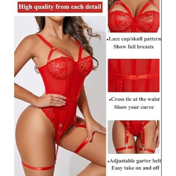 Fancyra Babydoll Nightwear Dress Laced Garter Teddy Bodysuit Lingerie For Women - Image 5