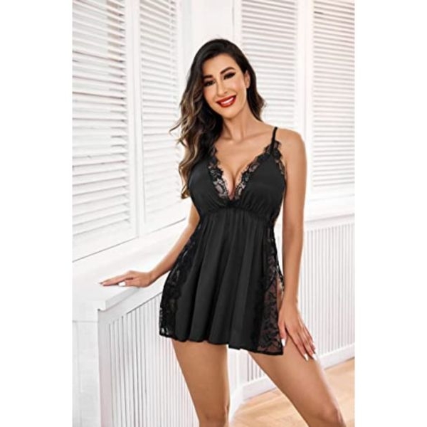 Fancyra Babydoll Nightwear Lingerie Satin Lace Chemise Nightgown Side Slit Sleepwear For Women - Image 2