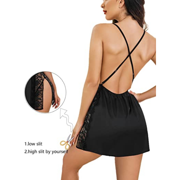 Fancyra Babydoll Nightwear Lingerie Satin Lace Chemise Nightgown Side Slit Sleepwear For Women - Image 4