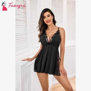 Fancyra Babydoll Nightwear Lingerie Satin Lace Chemise Nightgown Side Slit Sleepwear For Women