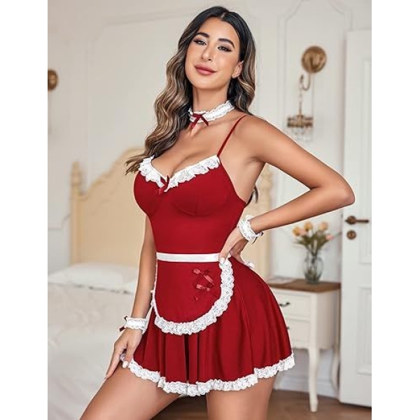 Fancyra Babydoll Roleplay Lingerie Nightwear Maid Costume Dress With Choker - Image 2