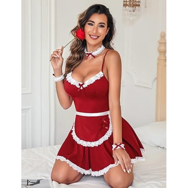 Fancyra Babydoll Roleplay Lingerie Nightwear Maid Costume Dress With Choker - Image 4