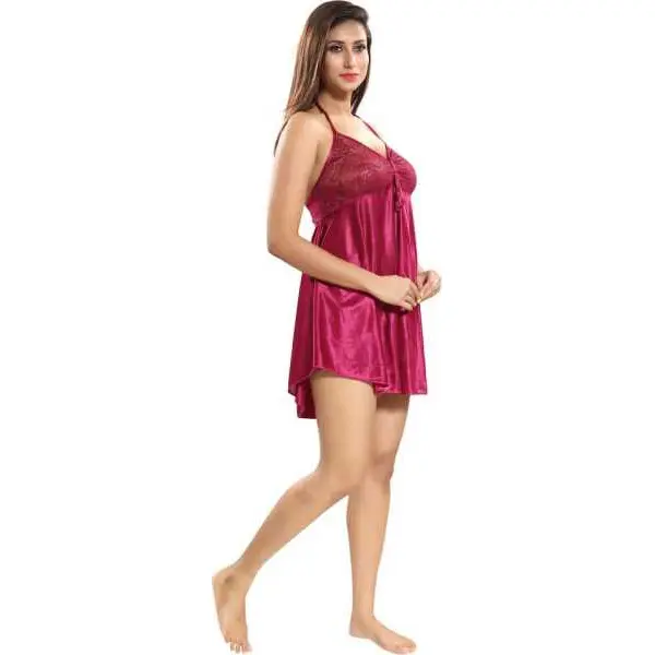 Fancyra Beautiful Satin Blend Babydoll Dress Free Size Pink Color - Image 3