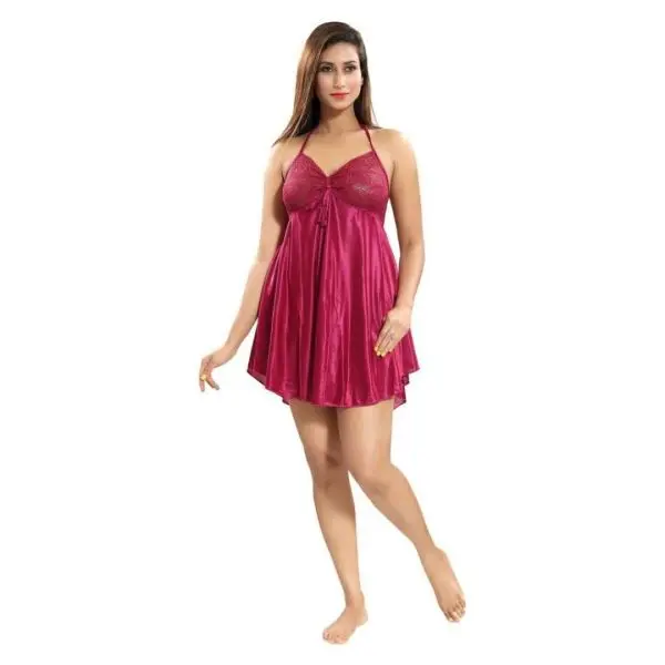 Fancyra Beautiful Satin Blend Babydoll Dress Free Size Pink Color - Image 4