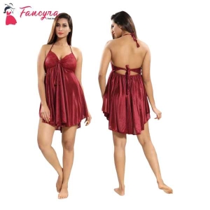 Fancyra Beautiful Satin Blend Babydoll Dress Free Size Rose Red Color