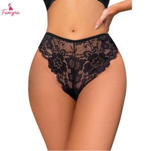 Fancyra Black Breathable Seamless Floral Lace Thong Panty For Women