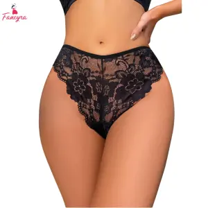 Fancyra Black Breathable Seamless Floral Lace Thong Panty For Women