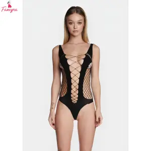 Fancyra Black Cut-Out Mesh Bodystocking Lingerie For Women
