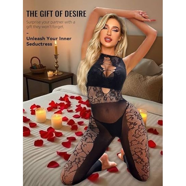 Fancyra Black Fishnet Bodystocking Crotchless Bodysuit Lingerie for Women - Image 4