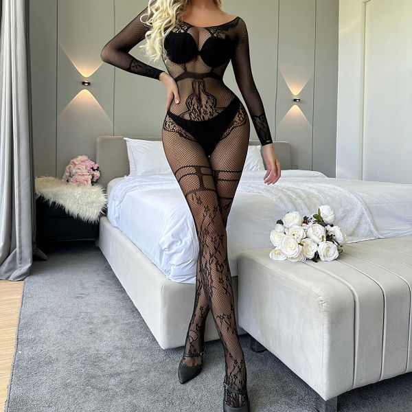 Fancyra Black Fishnet Lace Bodysuit Babydoll for Women Lingerie Full Body Outfit - Image 4