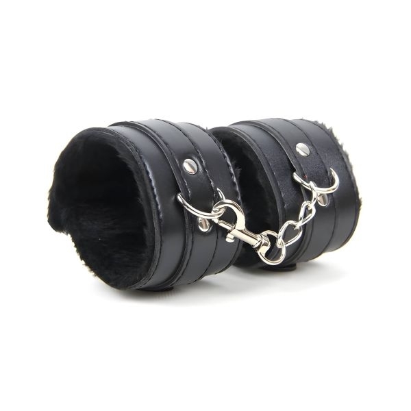 Fancyra Black Fur Lined Leather Adjustable Wrist Cuffs - Image 2