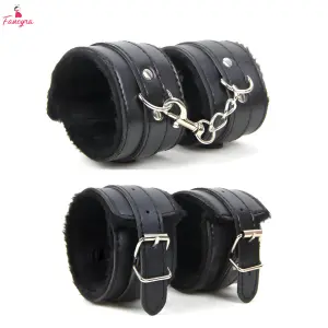 Fancyra Black Fur Lined Leather Adjustable Wrist Cuffs