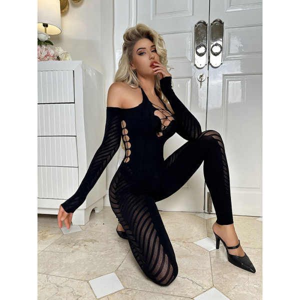 Fancyra Black Mesh Cutout Lace Up Bodysuit Stocking Clubwear Jumpsuit - Image 2