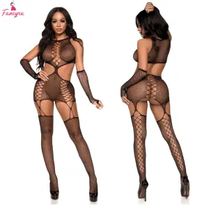 Fancyra Black Mesh Transparent Fishnet Bodystocking Lingerie For Women