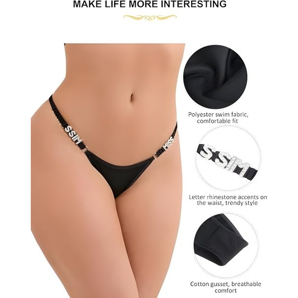 Fancyra Black Rhinestone Wide Strap T-Back Thong Panty - Image 4