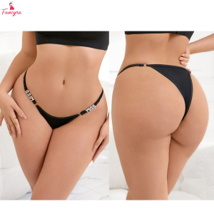Fancyra Black Rhinestone Wide Strap T-Back Thong Panty