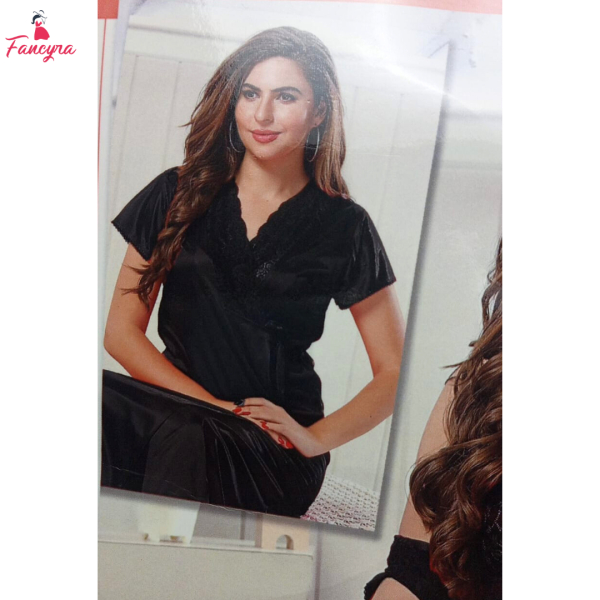 Fancyra Black Satin 2 Piece Sleepwear Nightwear Set with Inner and Outer Robe for Women - Image 3
