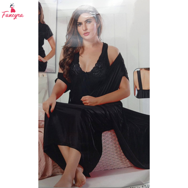 Fancyra Black Satin 2 Piece Sleepwear Nightwear Set with Inner and Outer Robe for Women - Image 4