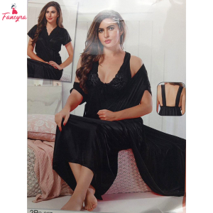 Fancyra Black Satin 2 Piece Sleepwear Nightwear Set with Inner and Outer Robe for Women
