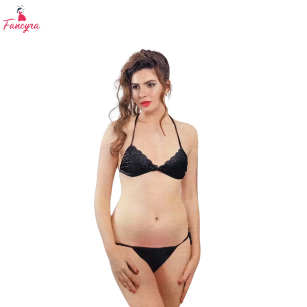 Fancyra Black Satin Women Lingerie Set - Two-Piece Babydoll and Bikini - Image 3