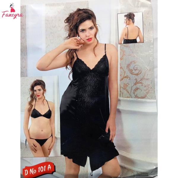 Fancyra Black Satin Women Lingerie Set - Two-Piece Babydoll and Bikini - Image 5