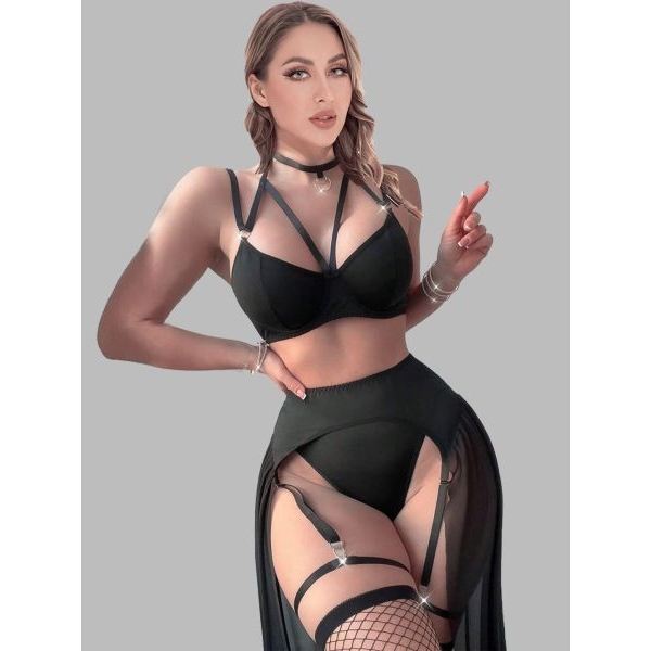 Fancyra Black Sheer Long Skirt & Strappy Bra with Adjustable Suspender Straps Garter Lingerie Set For Women - Image 2