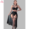 Fancyra Black Sheer Long Skirt & Strappy Bra with Adjustable Suspender Straps Garter Lingerie Set For Women