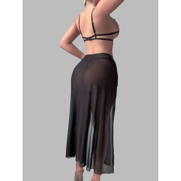 Fancyra Black Sheer Long Skirt & Strappy Bra with Adjustable Suspender Straps Garter Lingerie Set For Women - Image 3