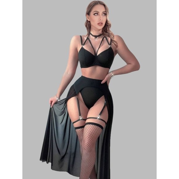 Fancyra Black Sheer Long Skirt & Strappy Bra with Adjustable Suspender Straps Garter Lingerie Set For Women - Image 4