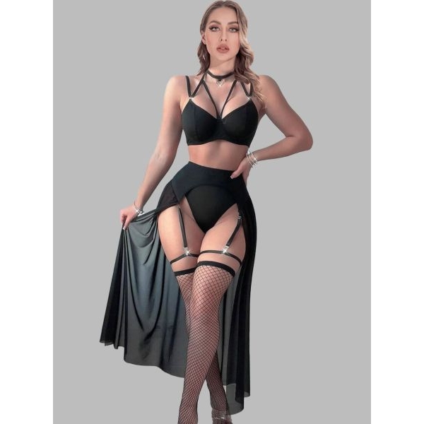 Fancyra Black Sheer Long Skirt & Strappy Bra with Adjustable Suspender Straps Garter Lingerie Set For Women - Image 5