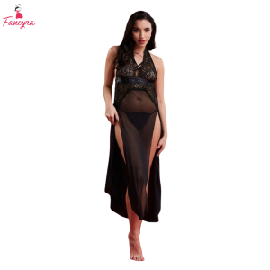 Fancyra Black Sheer Self Design Long Nightwear Baby Doll Lingerie For Women
