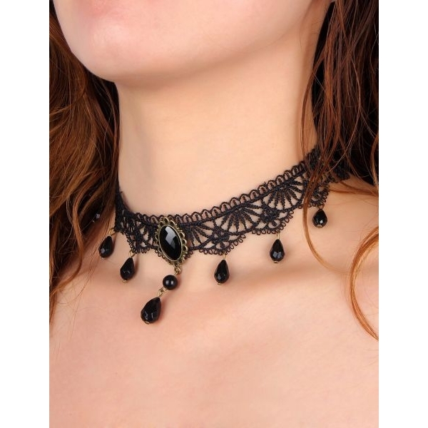 Fancyra Black Vintage Lace Geamstone Bead Pendant Neckless - Image 2
