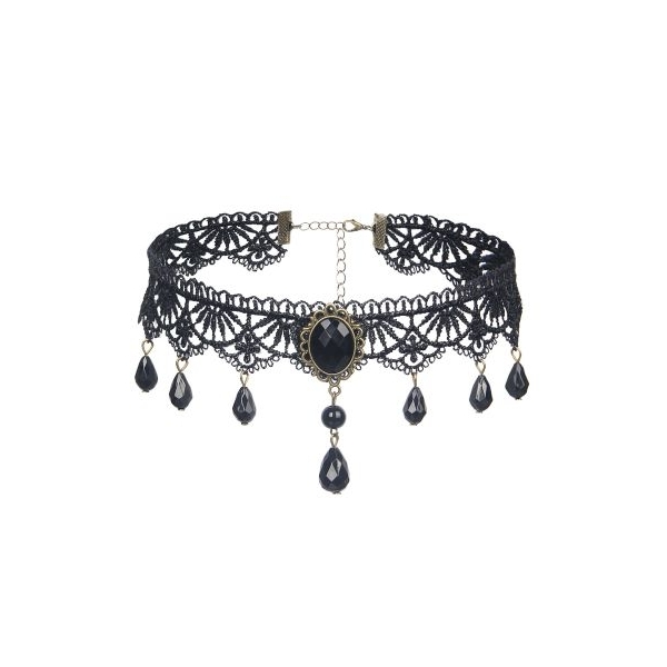 Fancyra Black Vintage Lace Geamstone Bead Pendant Neckless - Image 3