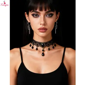 Fancyra Black Vintage Lace Geamstone Bead Pendant Neckless