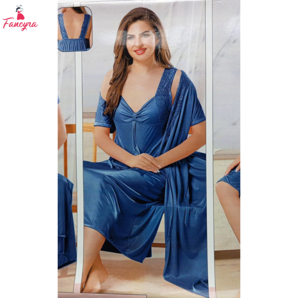 Fancyra Blue Satin 3 Piece Nightwear Sleepwear Set - Long Outer Robe Nightgown & Pajama Set - Image 5