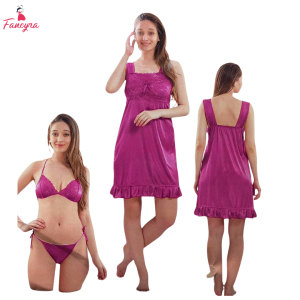 Fancyra Chic Pink Women Nightwear Set - Satin Babydoll Dress & Bikini Combo