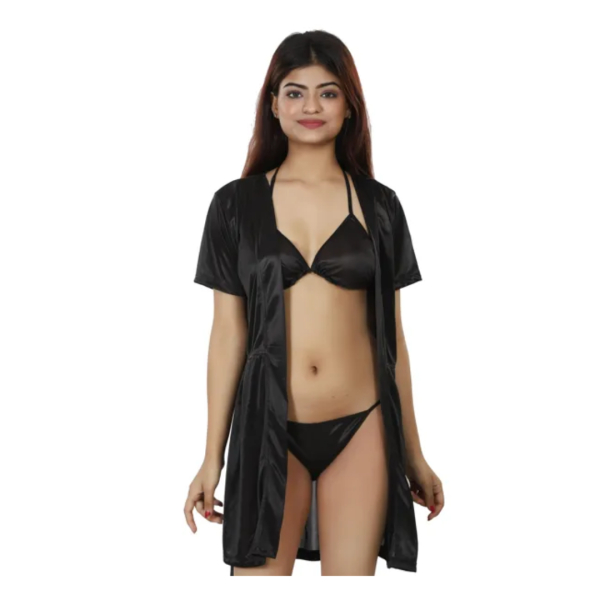 Fancyra Combo Lingerie Set With Robe And Bikini Bra Panty Free Size Black Color - Image 2