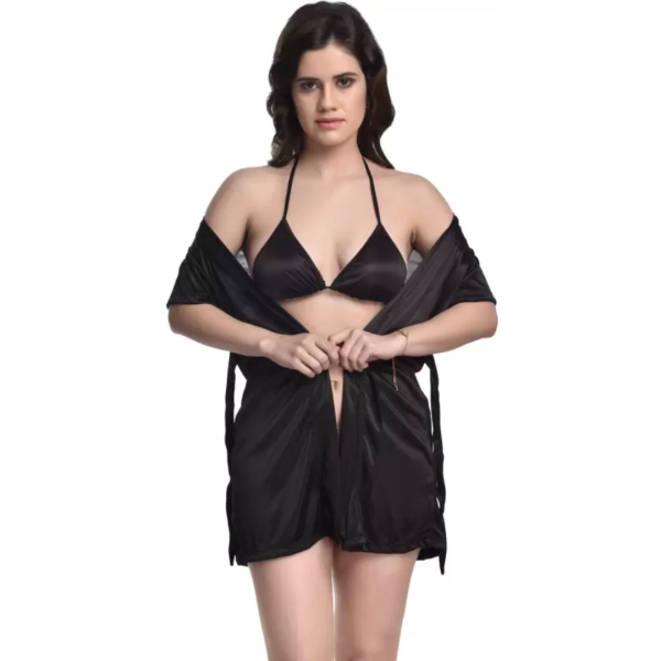 Fancyra Combo Lingerie Set With Robe And Bikini Bra Panty Free Size Black Color - Image 2