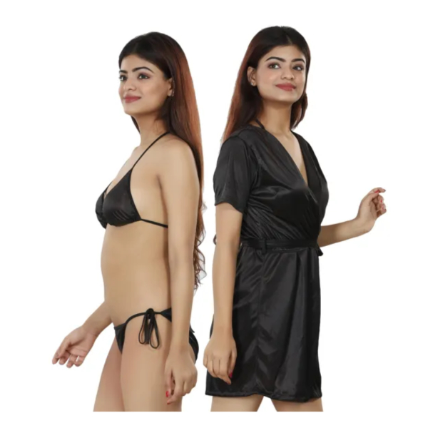 Fancyra Combo Lingerie Set With Robe And Bikini Bra Panty Free Size Black Color - Image 3