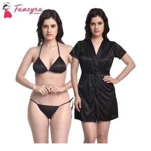 Fancyra Combo Lingerie Set With Robe And Bikini Bra Panty Free Size Black Color
