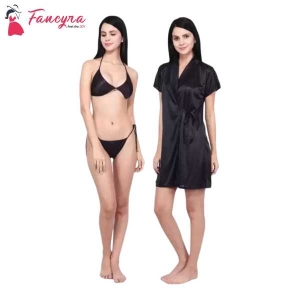 Fancyra Combo Lingerie Set With Robe And Bikini Bra Panty Free Size Black Color