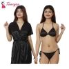 Fancyra Combo Lingerie Set With Robe And Bikini Bra Panty Free Size Black Color