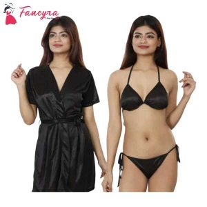 Fancyra Combo Lingerie Set With Robe And Bikini Bra Panty Free Size Black Color