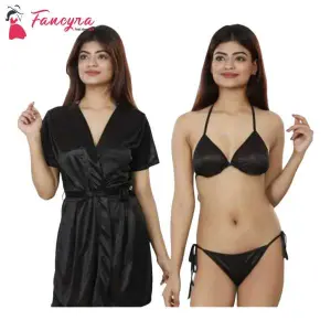 Fancyra Combo Lingerie Set With Robe And Bikini Bra Panty Free Size Black Color