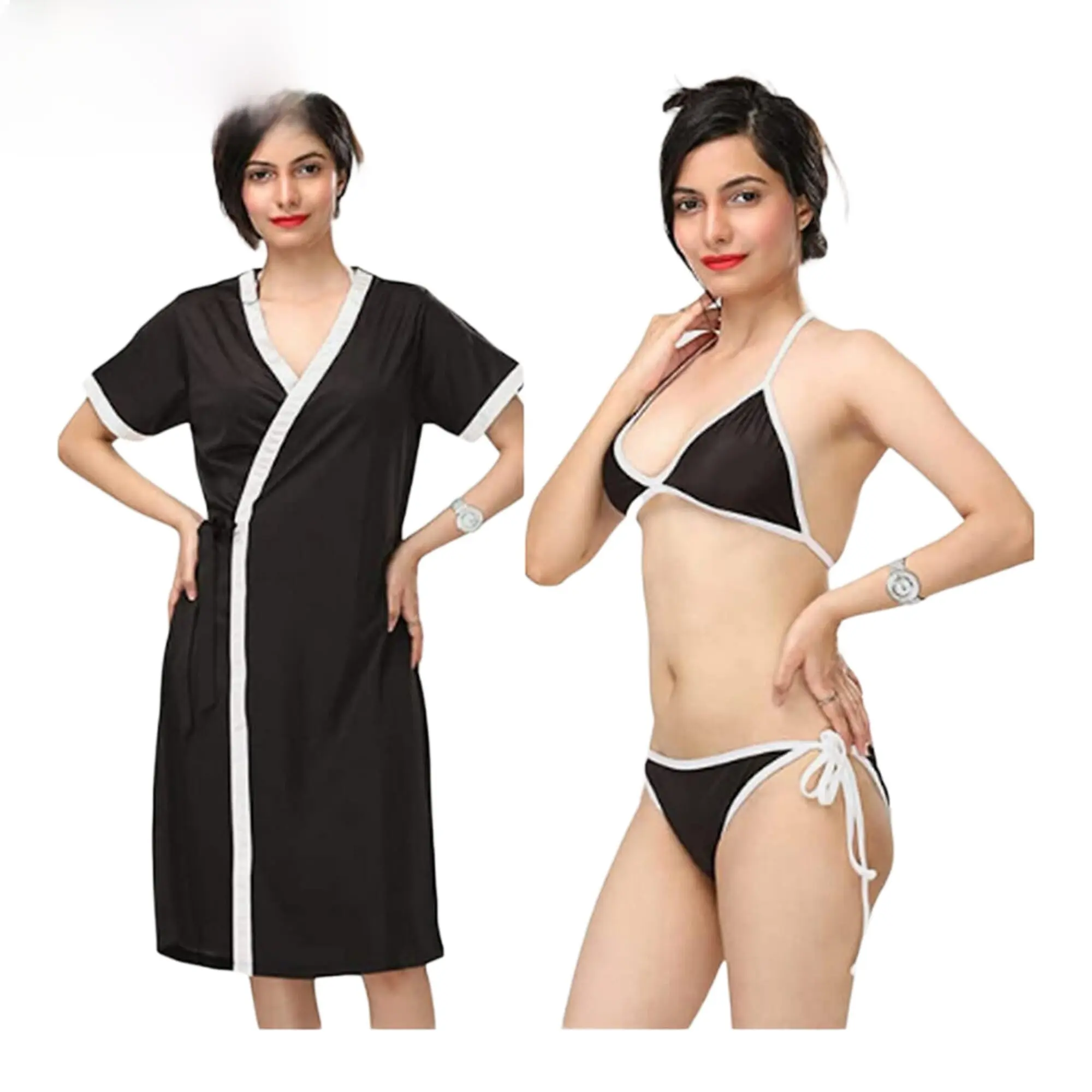 Fancyra Combo Lingerie Set With Robe And Bikini Bra Panty
